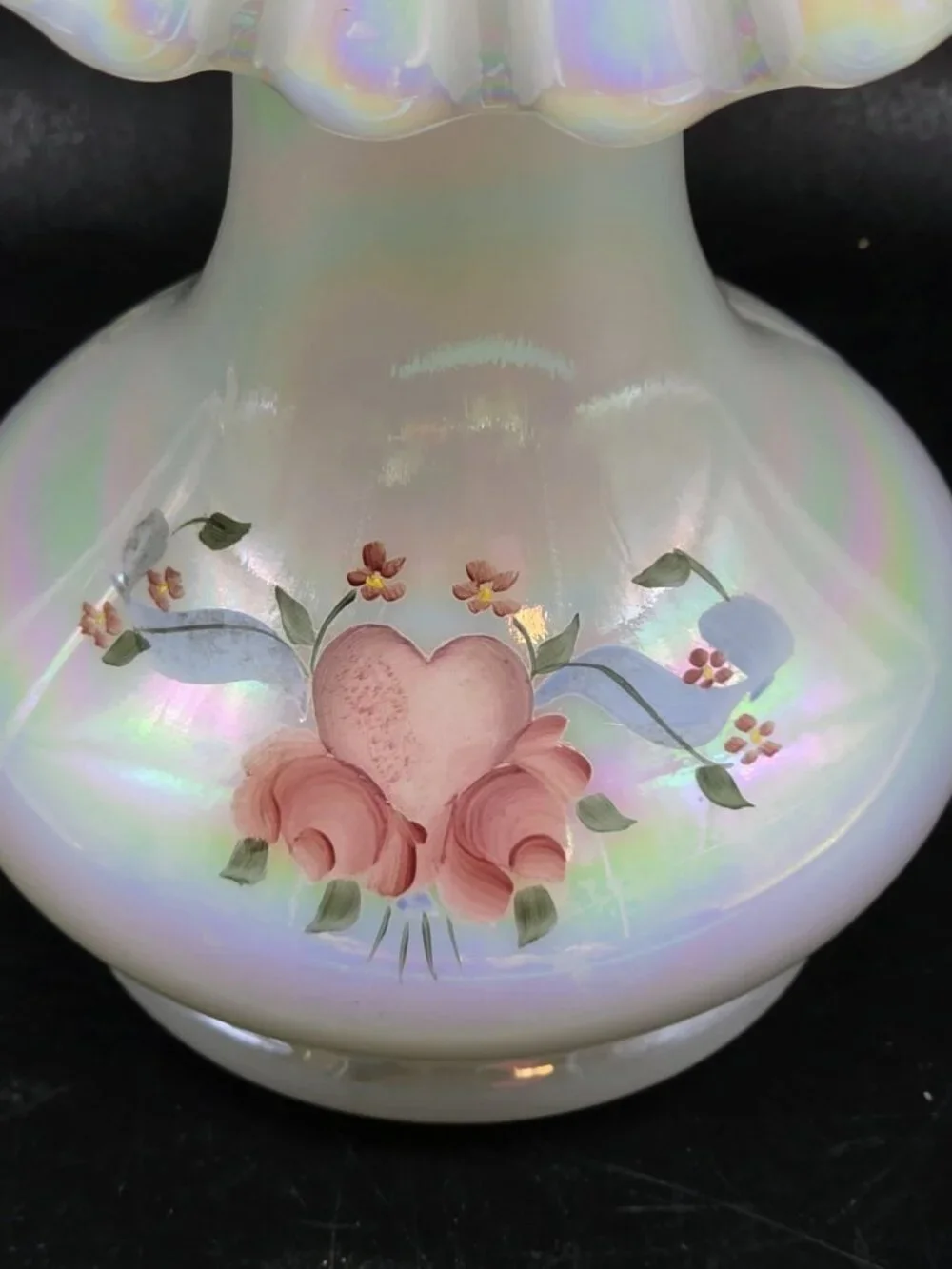 Vintage Fenton White Iridescent Jack in the Pulpit Ruffled Vase Signed, Numbered